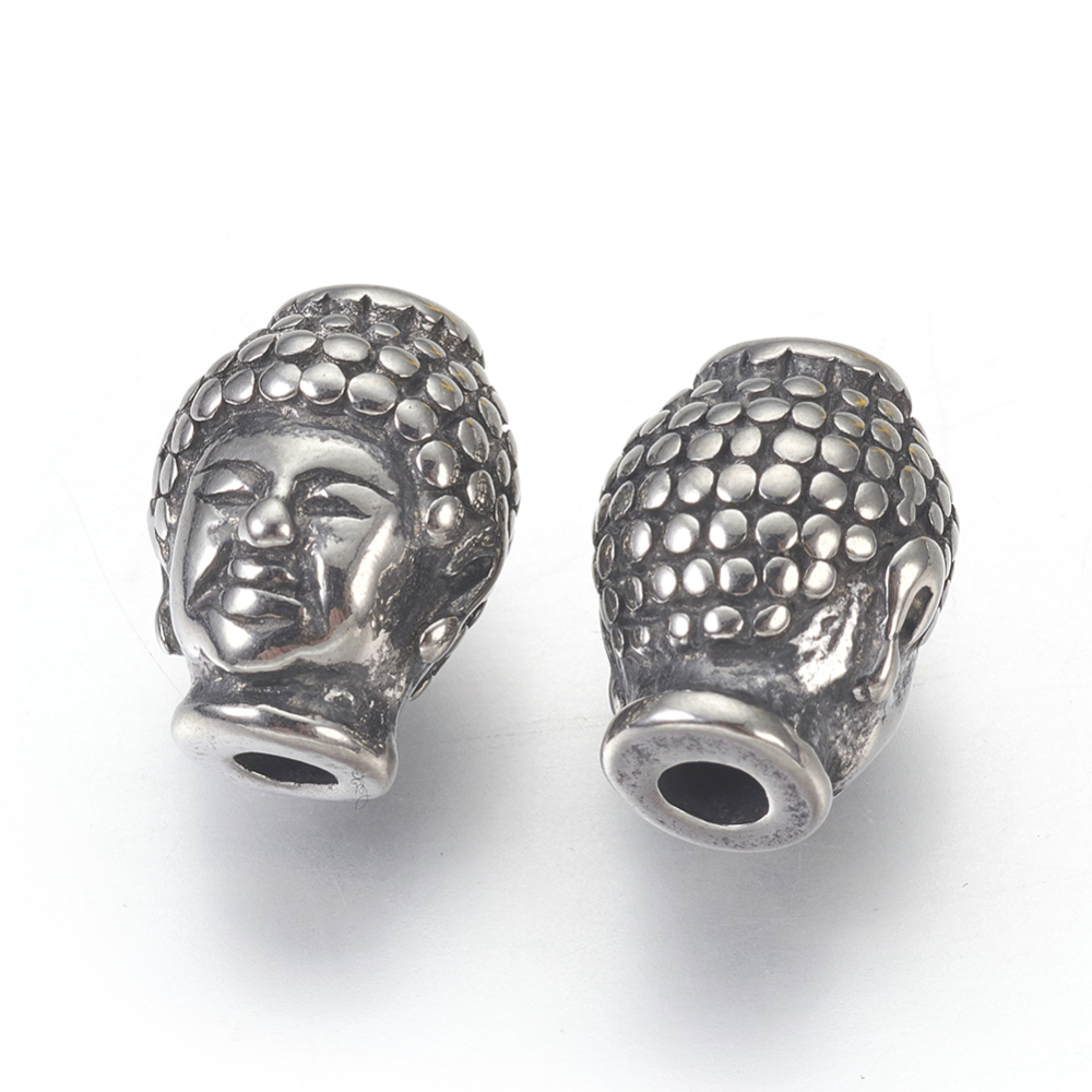 [STAS-E446-21AS] Perle INOX argenté, tête de Bouddha, 10x13x9mm, trou 3mm