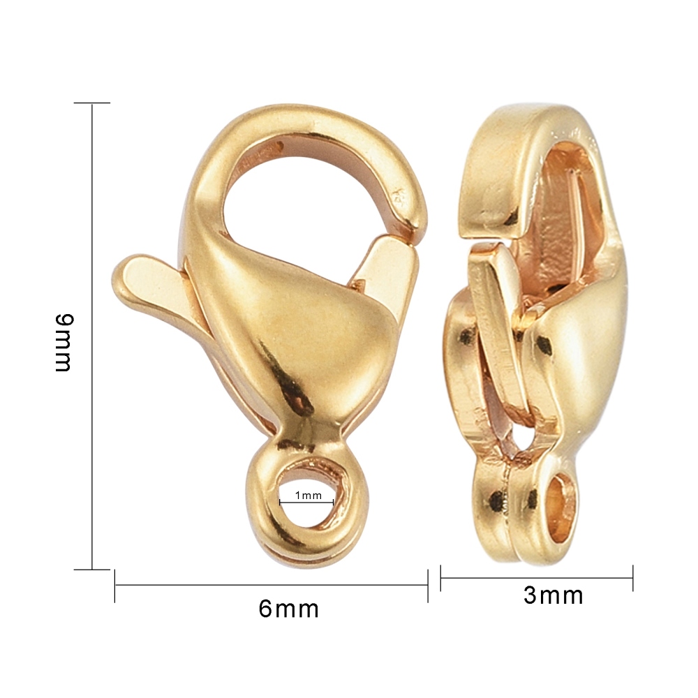 Fermoirs homard INOX doré, placage ionique, 9x6x3mm, trou 1mm, x 10 pièces