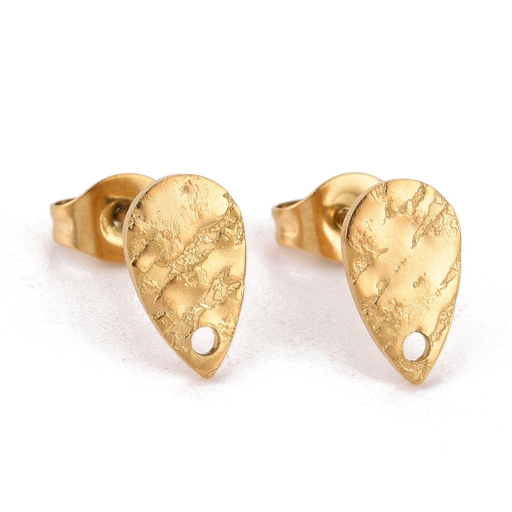 Boucle d'oreille INOX doré, placage ionique, puce forme goutte texturée, 10x6mm, trou 1mm, l'unité