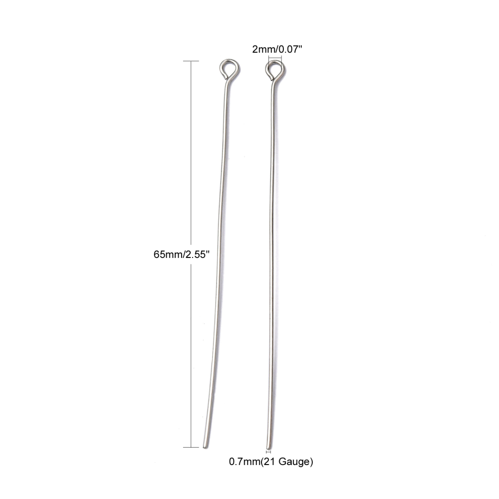 Tiges INOX argentés, tête avec boucle, 65x0,7mm, trou 2mm, x 100 pièces