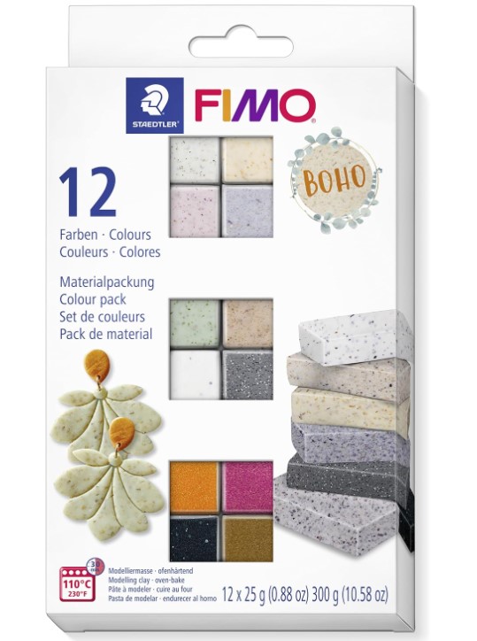 Coffret Fimo effet "Boho" assortis, 12 demi blocs, 12x25gr
