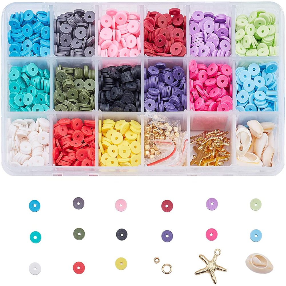 Kit perles Heishi polymère, 6x1mm, trou 2mm, 15 couleurs env. 3000 pièces, accessoires et cauris