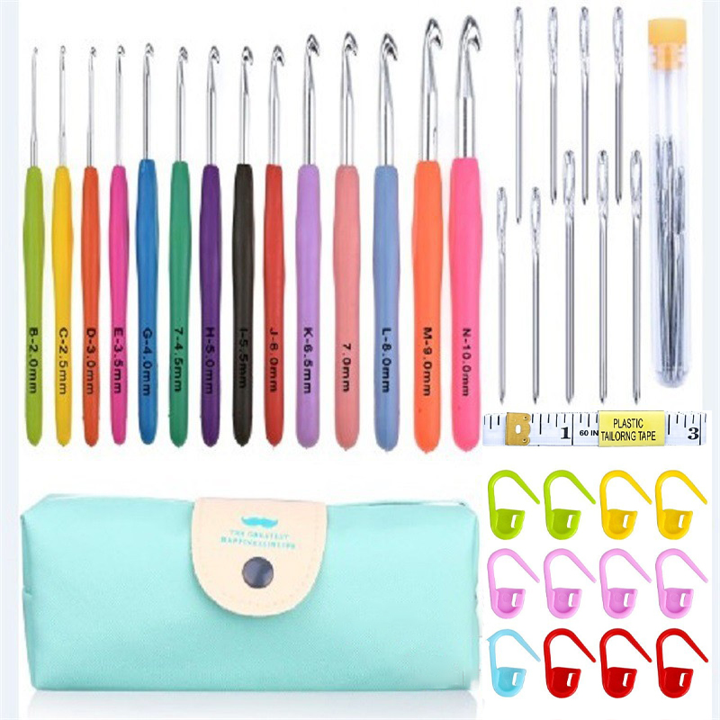 [SENE-PW0003-101E] Kit complet pour le crochet : 14 crochets en aluminium, marqueurs de maille, mètre ruban, aiguilles, sac de rangement