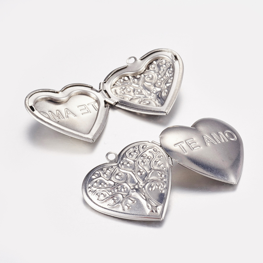 Pendentif INOX argenté, coeur arbre de vie et "te amo" avec cadre photo, 29x29x7mm, trou 2mm