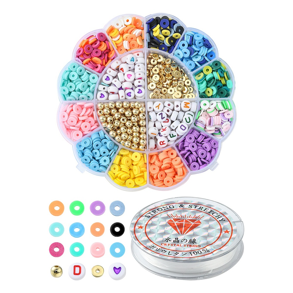 [DIY-FS0003-61] Kit complet de perles Heishi polymère, 6x1mm, trou 2mm, 12 couleurs + perles diverses + fil élastique, env. 1500 pièces