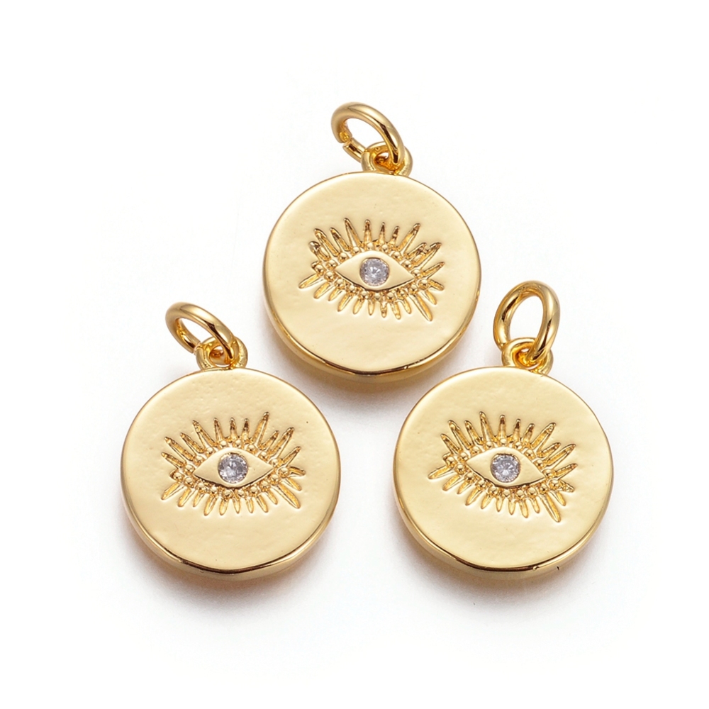 [KK-I656-14G] Pendentif en laiton doré, mauvais oeil, zircon et anneau, 15x13x1.5mm, unité