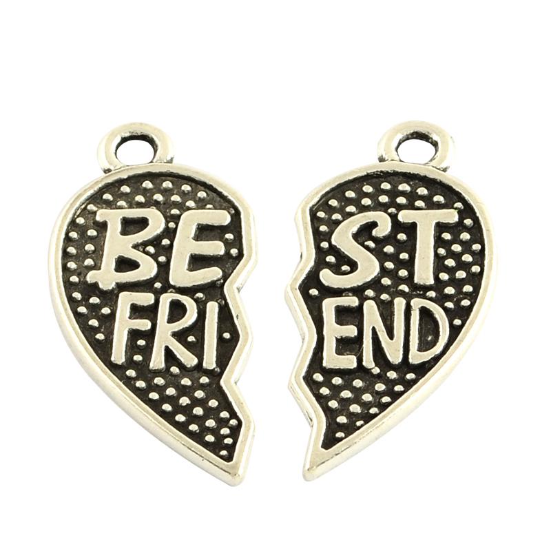 Pendentif pour collier d'amitié, "Best Friend", en laiton argenté, 29x13x1,5mm, trou 2mm, vendu par 2