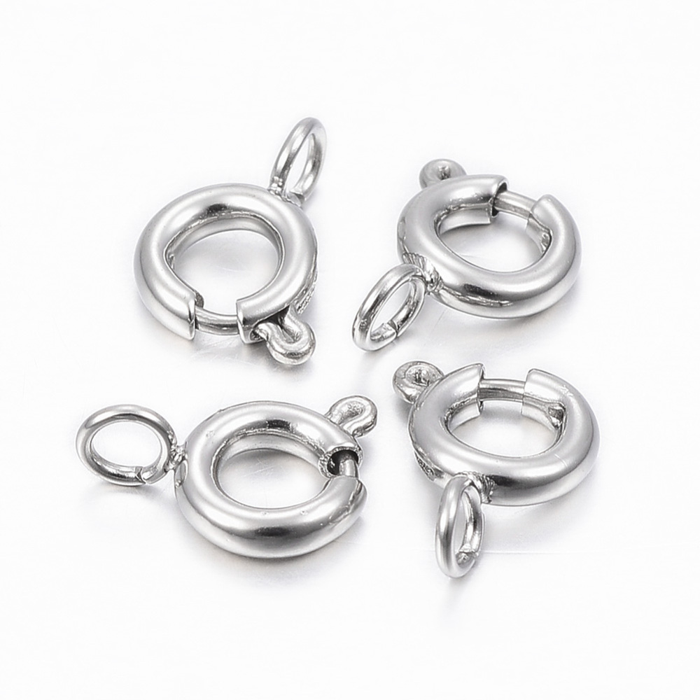 Fermoirs à ressort INOX argenté, anneau, 6x9x1,5mm, trou 2mm, x 5 pièces