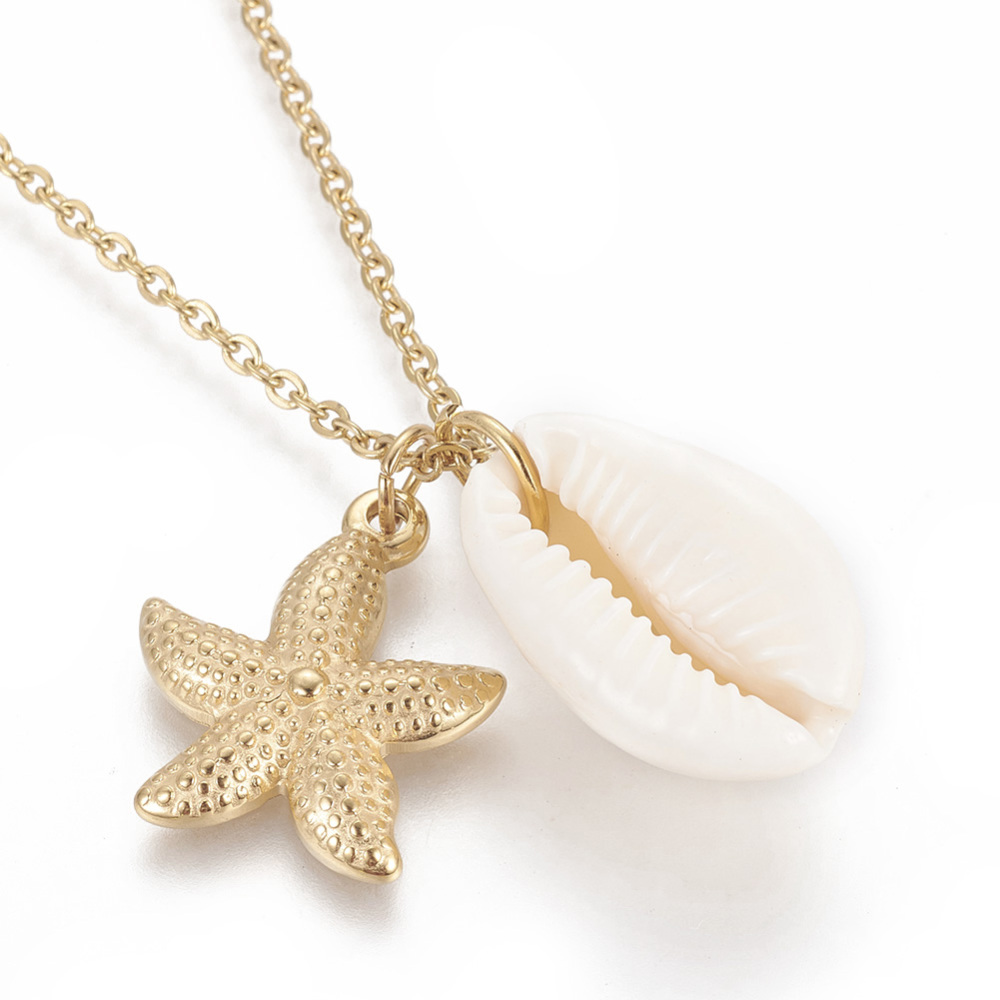 [NJEW-F260-05G] Collier chaîne INOX doré, cauris et étoile de mer, longueur 45 cm, unité