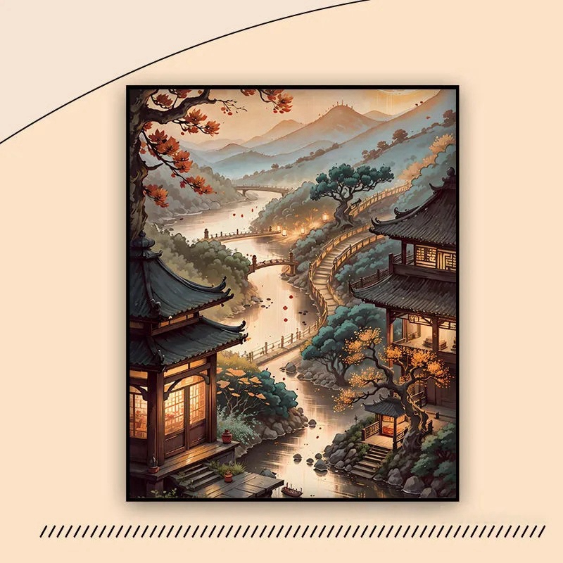 Kit complet de diamond painting, 40x30cm, bâtiment de style chinois