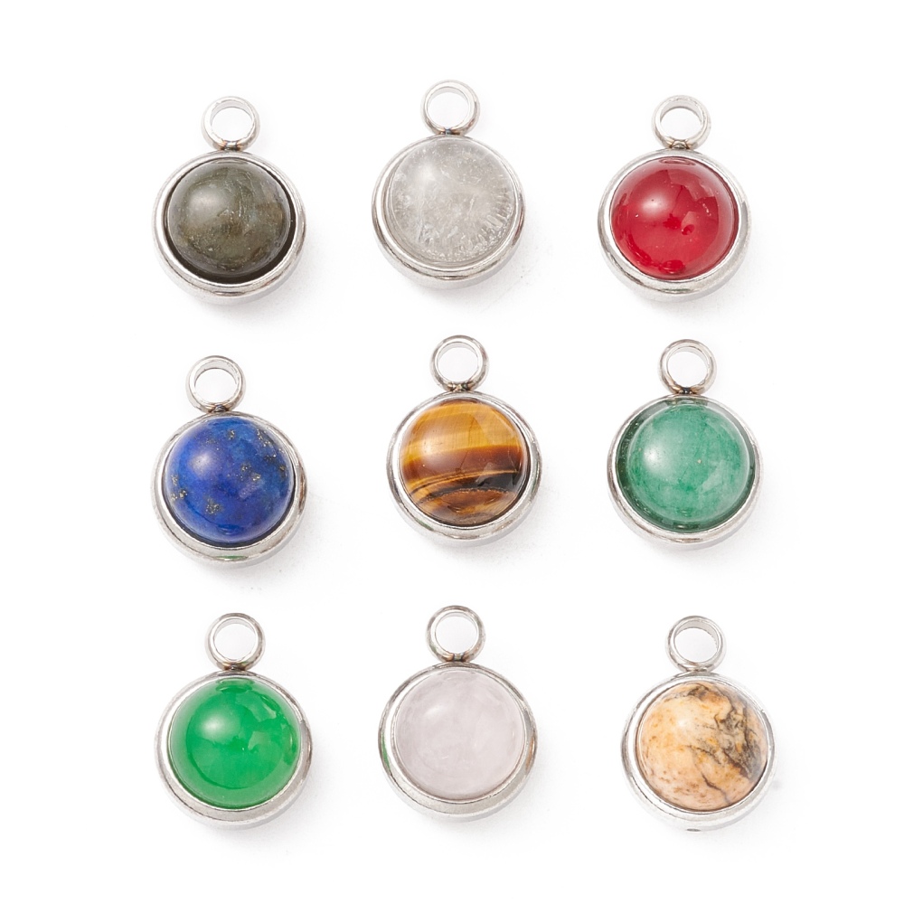 Breloque en INOX doré, placage ionique, plaqué or 18k, pierre naturelle, 18x14x10,5mm, trou 2,5mm, (différents modèles), unité