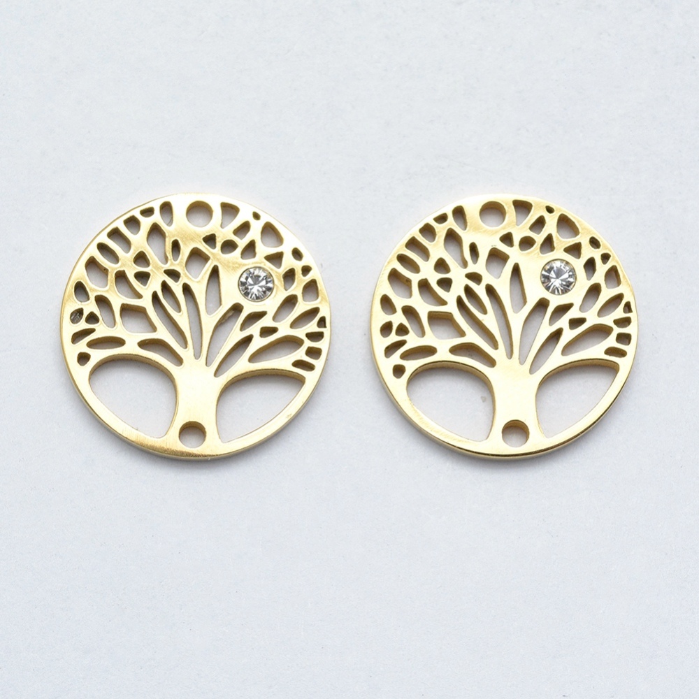 [STAS-K178-22G] Estampe INOX doré, arbre de vie avec zircone, 15x2mm, trou 1mm