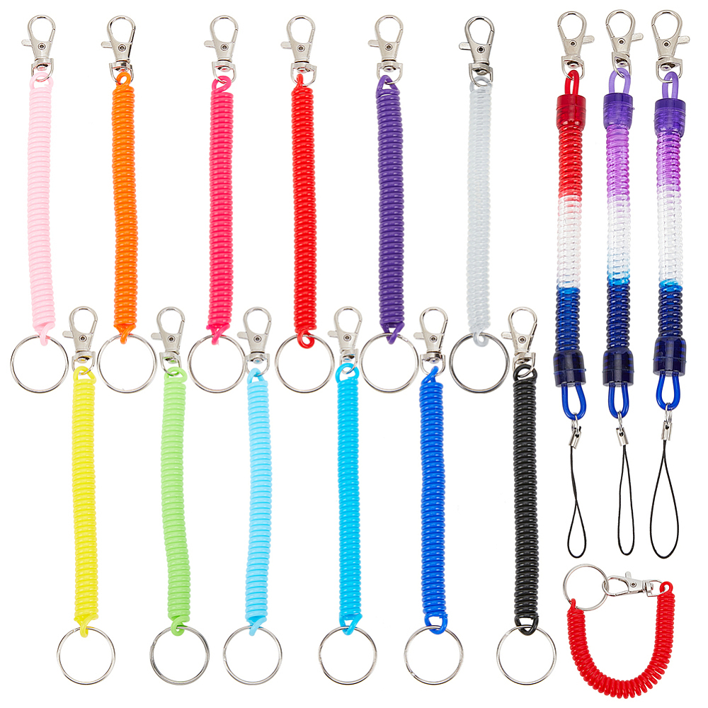 Porte clé ressort hélicoïdal, divers coloris, 170x10mm, avec anneau 20mm et crochet 25mm et mousqueton argenté, unité
