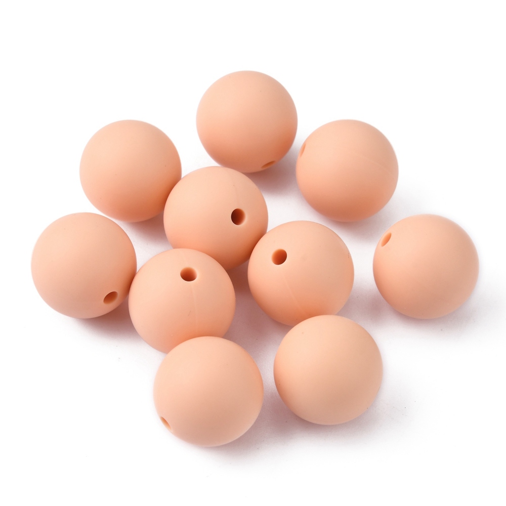 Perle en silicone pour attache tétine, ronde lisse, pêche, diam 15mm, trou 2mm x 100 unités