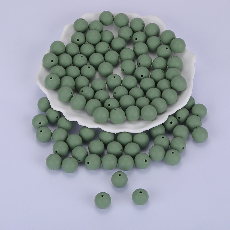 Perle en silicone pour attache tétine, ronde lisse, kaki, diam 15mm, trou 2mm x 100 unités
