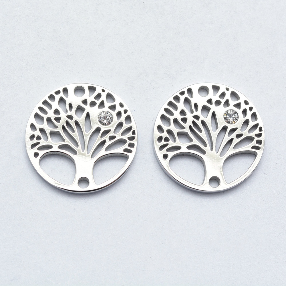 [STAS-K178-22P] Estampe INOX argenté, arbre de vie avec zircone, 15x2mm, trou 1mm