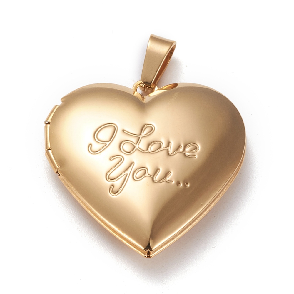 [STAS-K197-08G] Pendentif INOX doré, placage ionique, plaqué or 18k, coeur avec la phrase "I love you" avec cadre photo, 29x29x7mm, trou 7x3mm