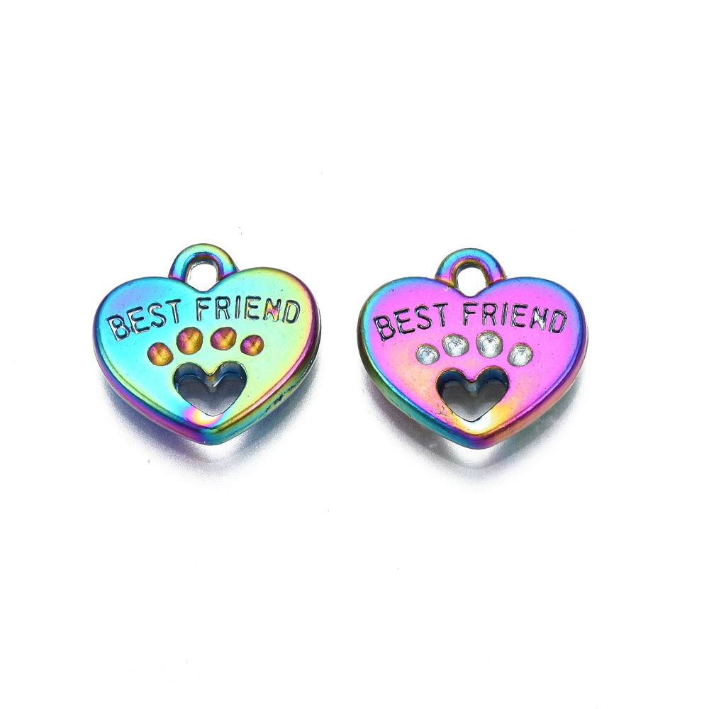 Pendentif en alliage, couleur arc-en-ciel, coeur avec la phrase "Best friend", convient pour strass de 1,2mm, 14,5x15x3mm, trou 1,8mm
