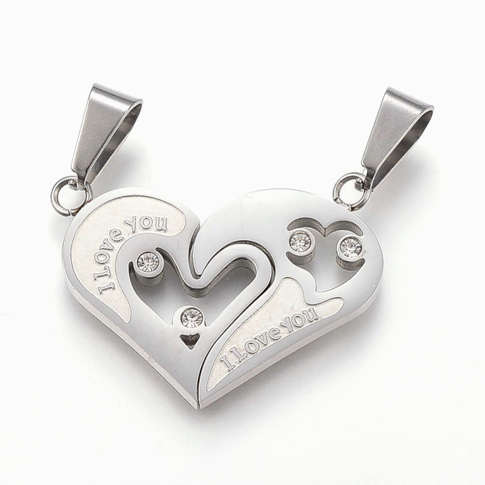 [STAS-F168-07P] Pendentifs INOX argentés, coeurs, avec la phrase "I love you", 23x30x2mm, trou 5x10mm