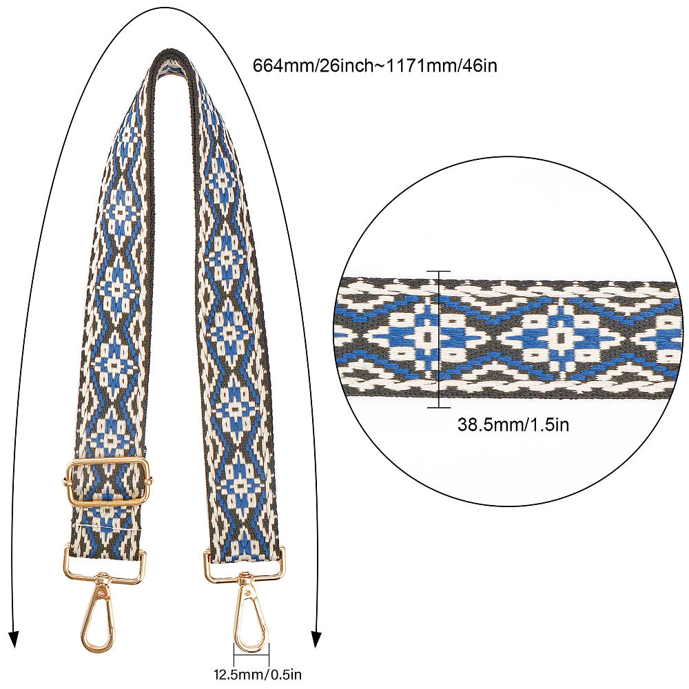 Bandoulière réglable en nylon tissé jacquard, avec fermoirs pivotants en alliage de zinc, bleu de Prusse, 69~121x4,9 cm