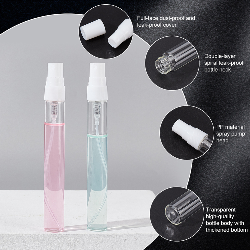 [MRMJ-WH0077-062A] Flacon d'échantillon de parfum rechargeable en verre, avec bouchons en plastique, clair, 1.4x11.6 cm, capacité: 10 ml, unité