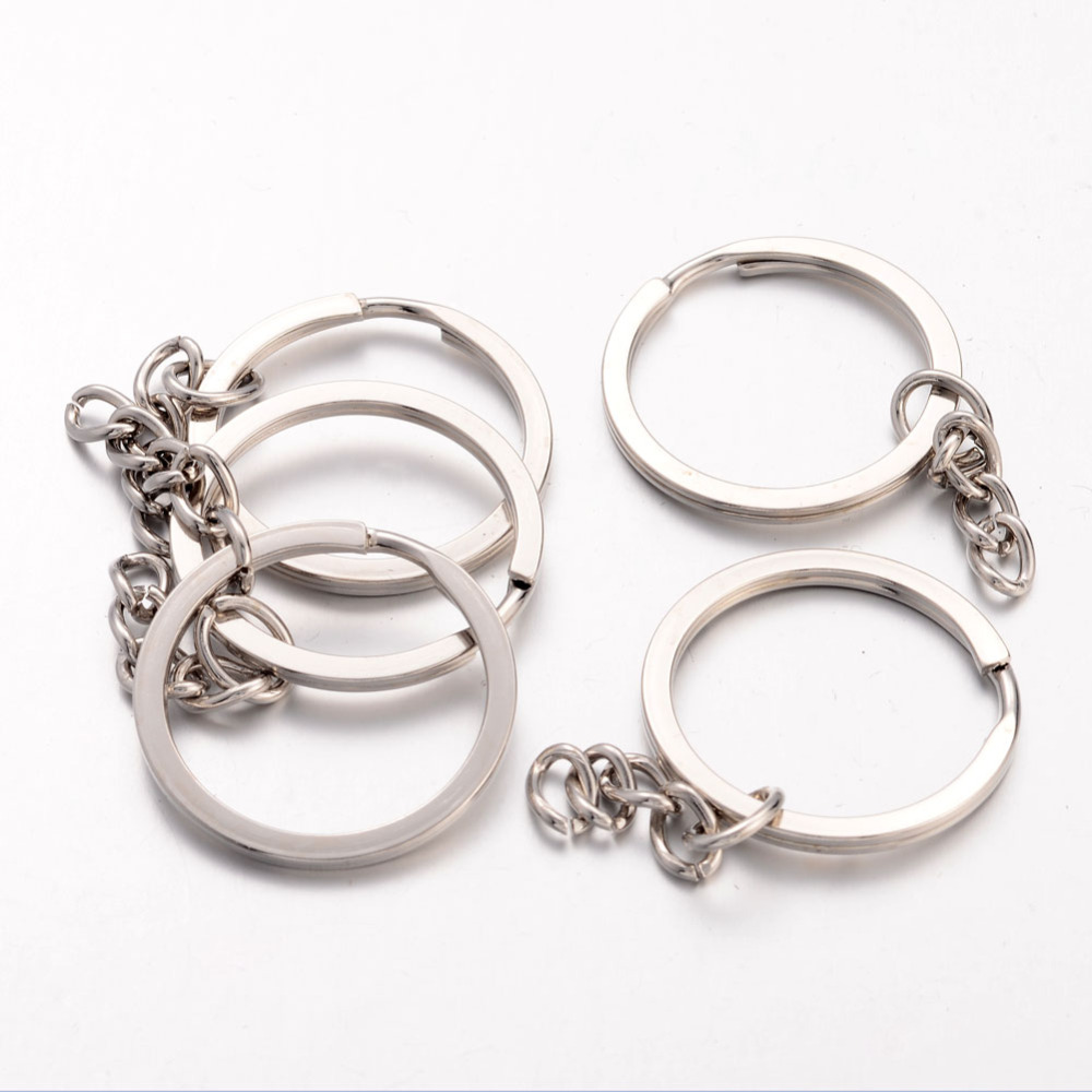 Anneau double porte clé + chaînette, argenté, rond, diam 30mm x 2mm, unité