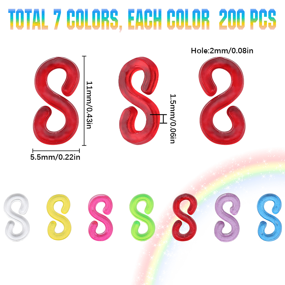 Fermoir en S pour bracelets d'élastiques Rainbow Loom, 11x5,5x1,5mm, trou 2mm, à l'unité