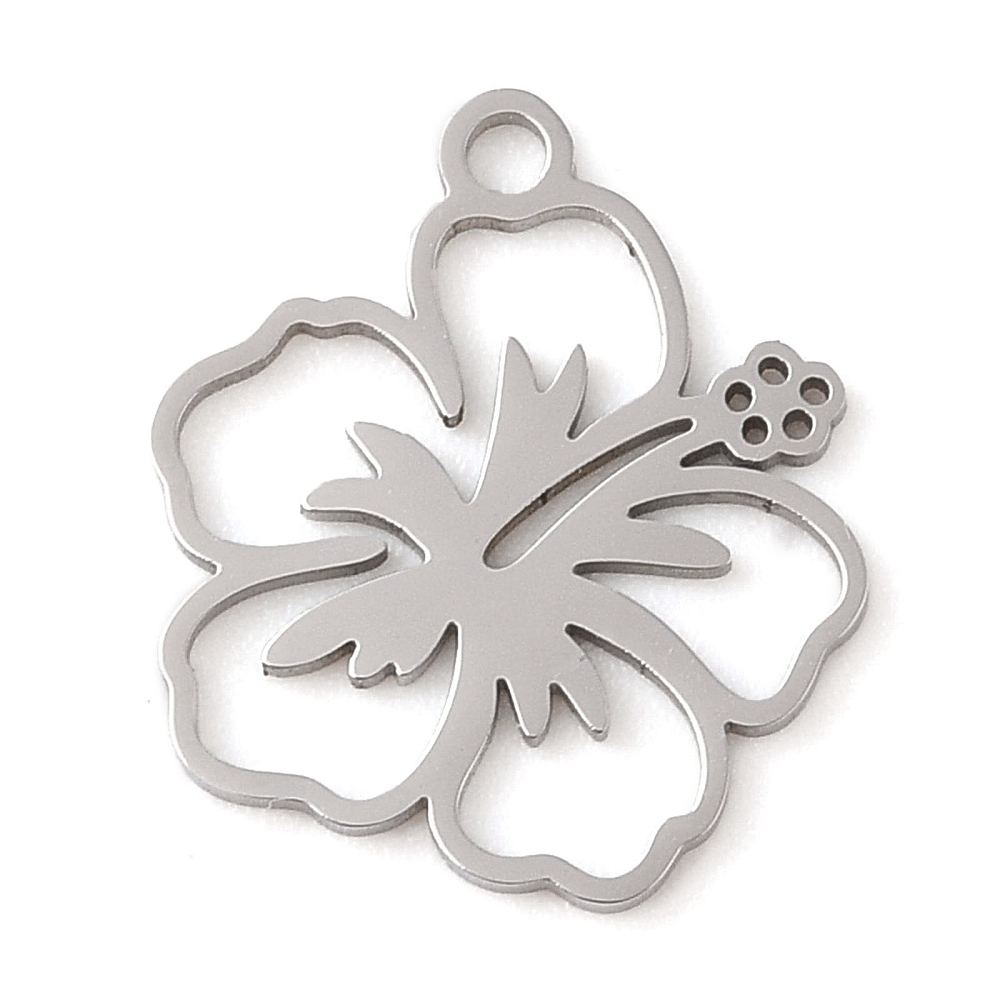 Pendentif INOX argenté, hibiscus, 17x15x1mm, trou 1,6mm, l'unité