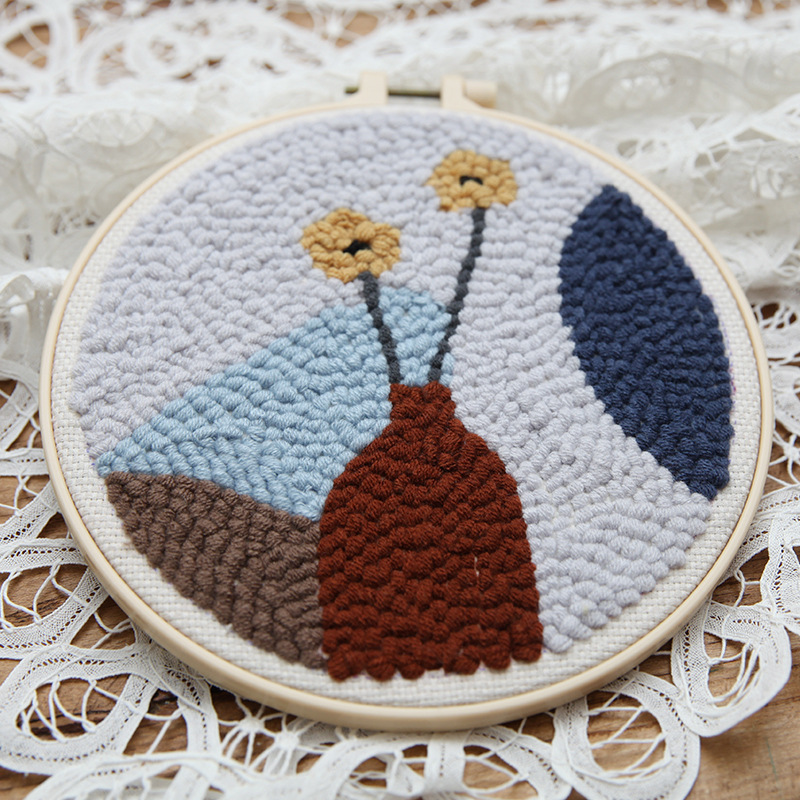 [BOHO-PW0001-073C] Kit complet de broderie punch needle, motif de vase : avec cercle, tissu avec patron, fils, aiguilles, diam 20cm
