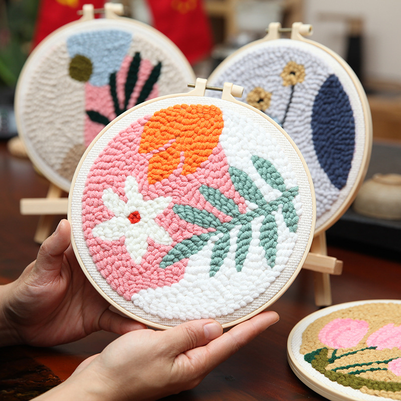 [BOHO-PW0001-073D] Kit complet de broderie punch needle, motif de fleurs : avec cercle, tissu avec patron, fils, aiguilles, diam 20cm