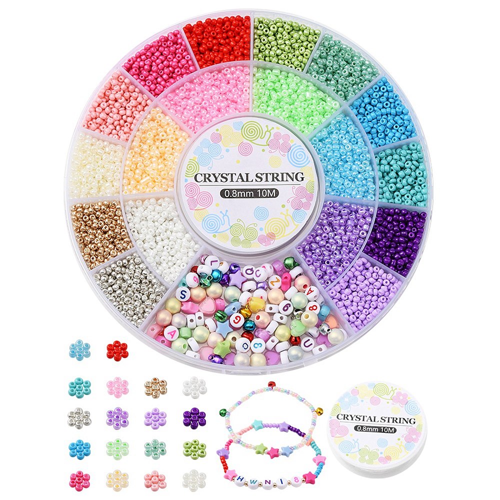 [DIY-YW0007-65] Kit complet de perles de rocaille, 2mm, 18 couleurs + perles lettres et plastique + fil élastique, env. 4500 pièces par boîte