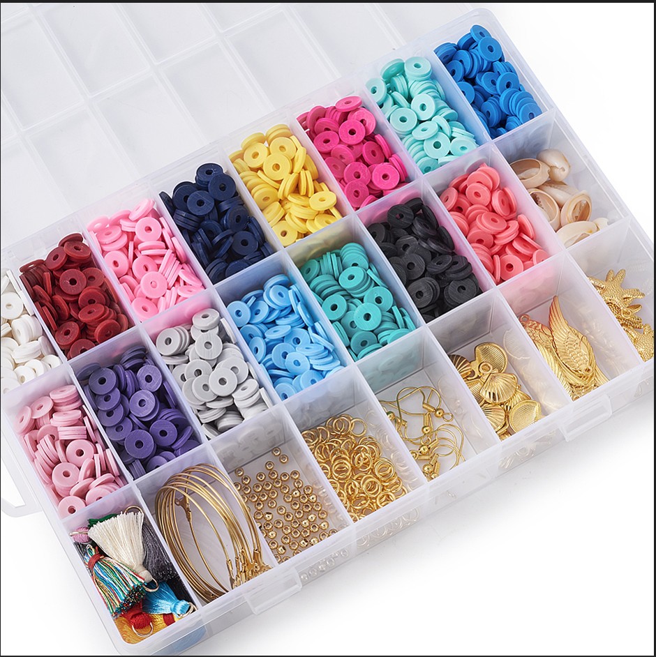 [DIY-TA0002-64] Kit perles Heishi polymère pour bijoux, 8x1mm, trou 2mm, 15 couleurs + coquillages + pendentifs + boucles d'oreilles