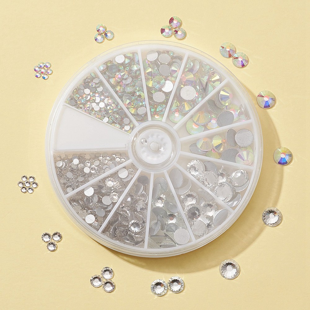 [RGLA-FS0001-04] Strass en verre à dos plat, 10 styles, qualité A, dos plaqué, facettés, couleurs argentés et arc-en-ciel, taille 2,3-7,3 mm, 660 pièces/boîte