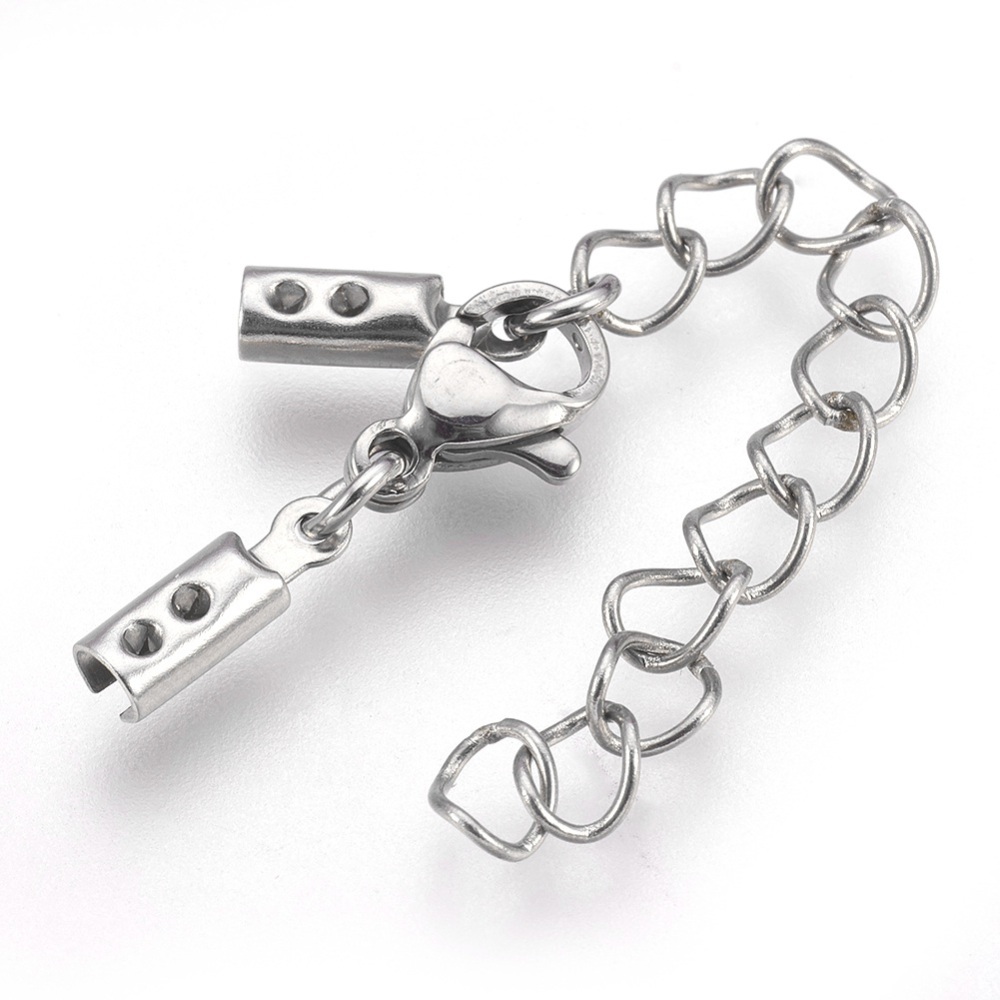 Fermoir homard avec embouts de cordon, INOX argenté, 31mm de long, avec chaîne de sécurité 42mm, pour fil de 2mm, unité