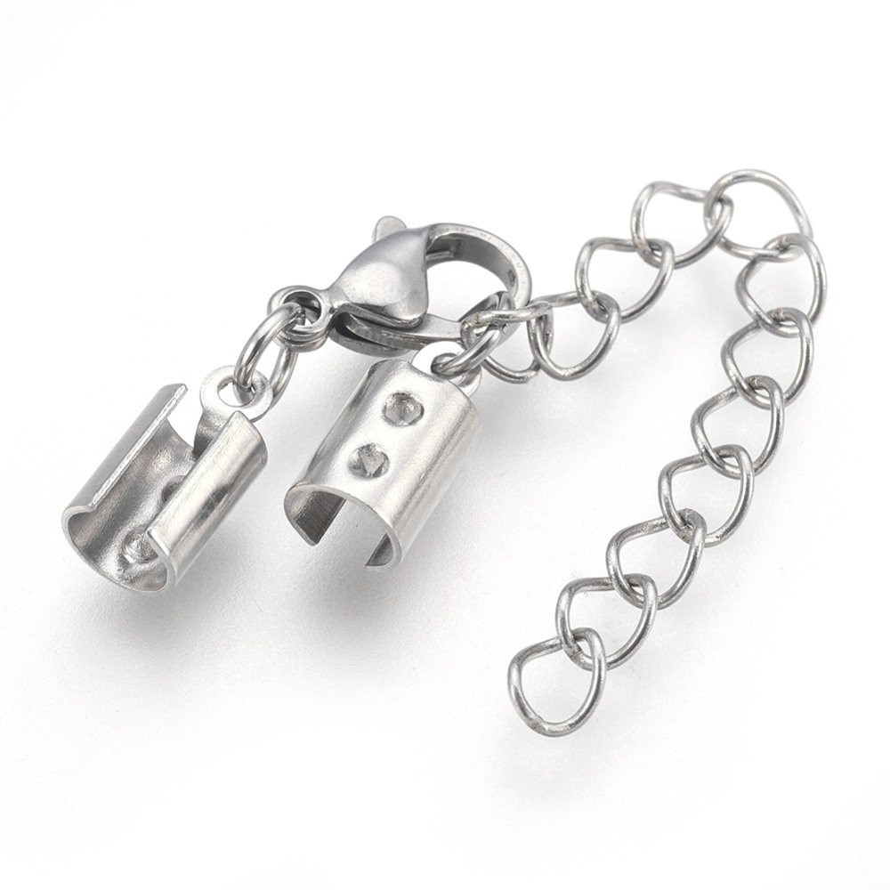 [STAS-P207-01P-D] Fermoir homard avec embouts de cordon, INOX argenté, 36mm de long, avec chaîne de sécurité 43mm, pour fil de 4mm, unité
