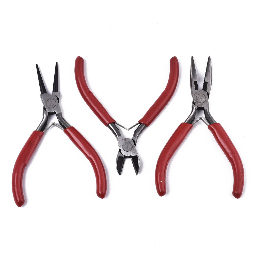 Kit de 3 pinces à bijoux en acier au carbone (bec coupant, bec rond pour boucles et bec plat + dentelé + coupant), manche rouge, 185x165x13mm