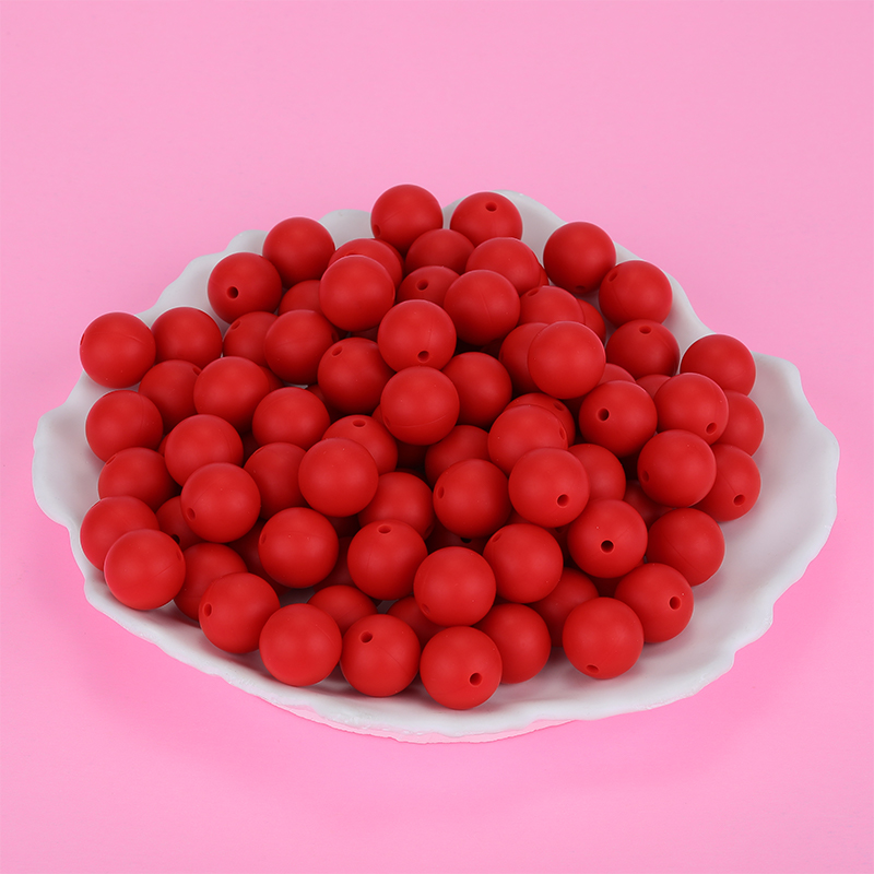 Perle en silicone, ronde lisse, ROUGE, diam 15mm, trou 2mm, x100 unités