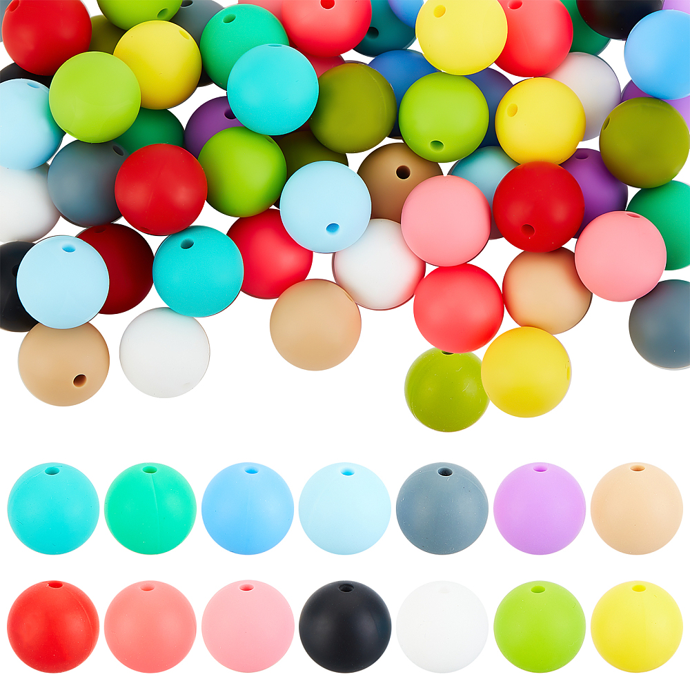 Perles en silicone 15mm, trou 2mm (10 couleurs différentes), à l'unité