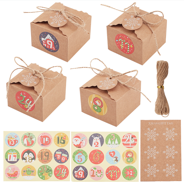 [CON-WH0089-05] Calendrier de l'avent durable à construire, 24 boîtes cartonnées kraft (6,5x6,5x4,5cm), stickers, étiquettes et corde
