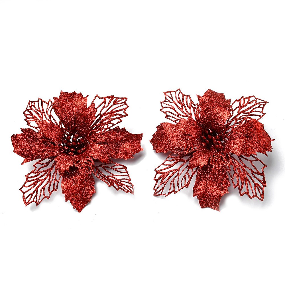 Décoration/ornement Noël, fleur artificielle en plastique, rouge pailleté, ~165x65x40mm