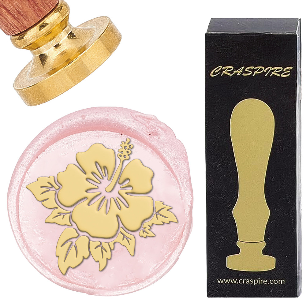[AJEW-WH0412-0179] Tampon/Sceau de cire en laiton, doré, fleur d'hibiscus, avec manche en bois, timbre 25mm