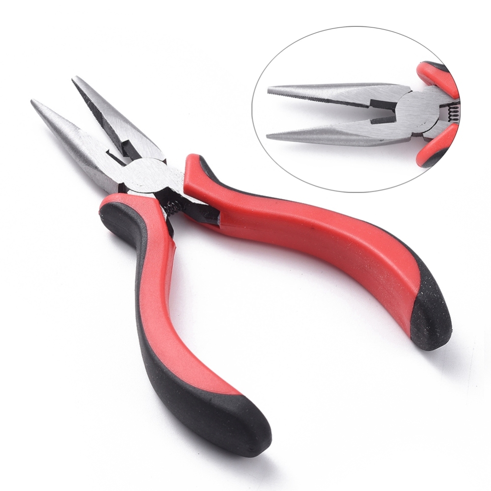 [PT-S042] Pince à bijoux en acier au carbone, bec plat + dentelée + coupe fil, manche rouge et noir, 135mm, l'unité