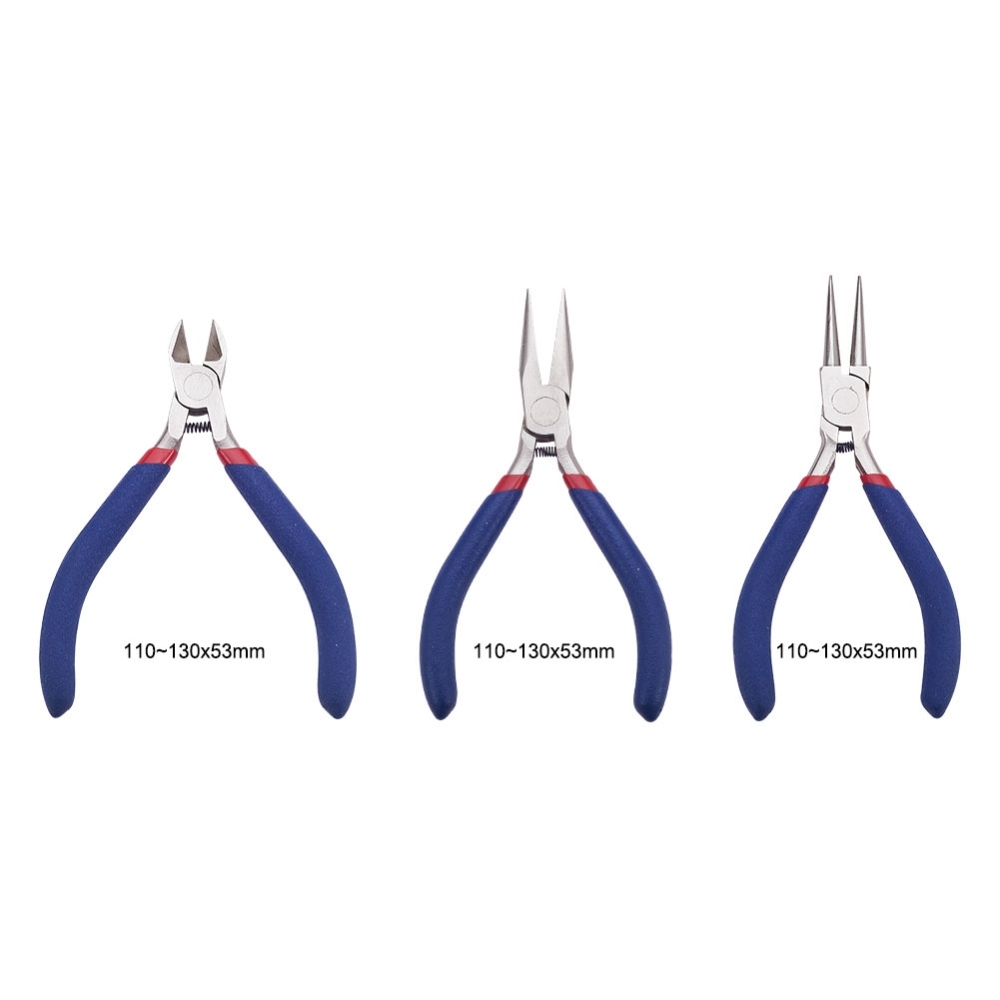 [TOOL-X0001] Kit de 3 pinces à bijoux en acier au carbone, (bec coupant, bec rond pour boucles et bec plat + lisse), manche bleu, 110x130mm