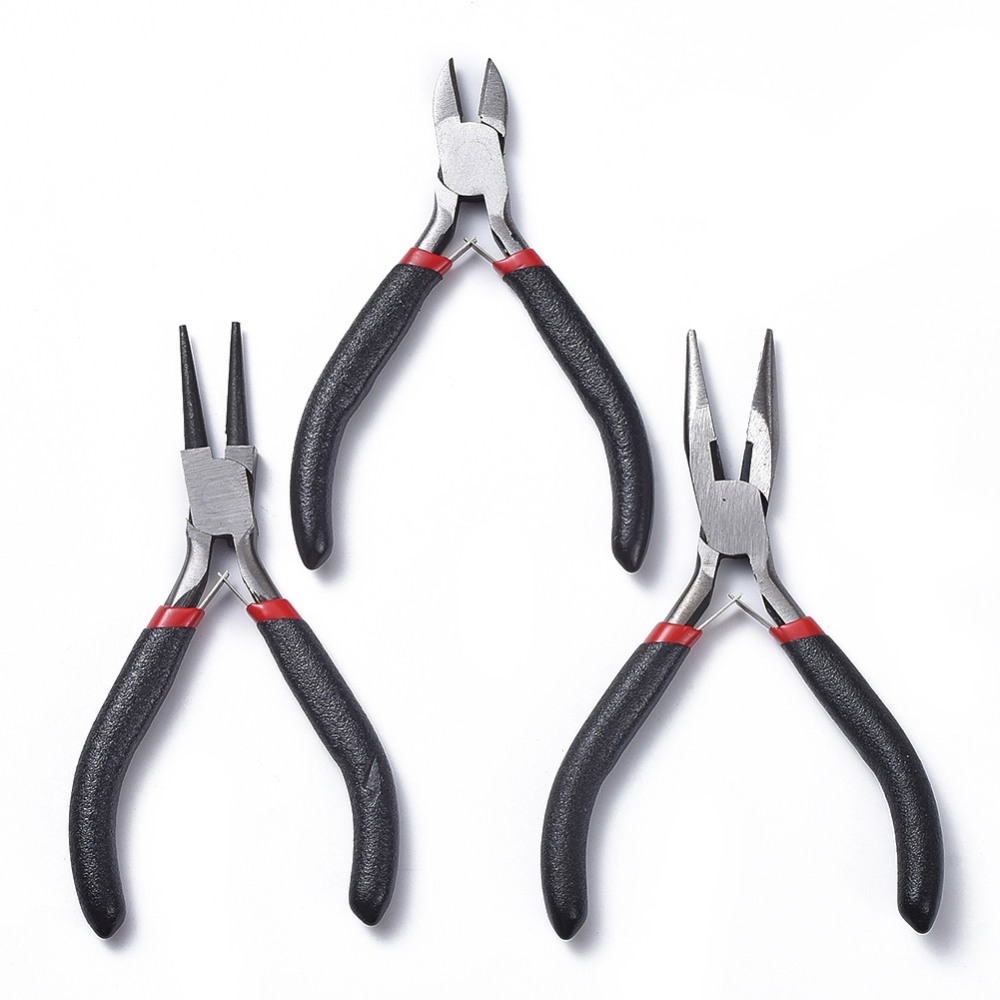 [PT-R007-05] Kit de 3 pinces à bijoux en acier au carbone, (bec coupant, bec rond pour boucles et bec plat + lisse), manche noir, 315x70x10mm