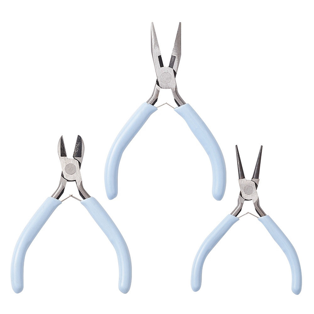 [TOOL-YW0001-18D] Kit de 3 pinces à bijoux en acier au carbone, (bec coupant, bec rond pour boucles et bec plat + lisse), manche bleu clair, ~126x52x10mm