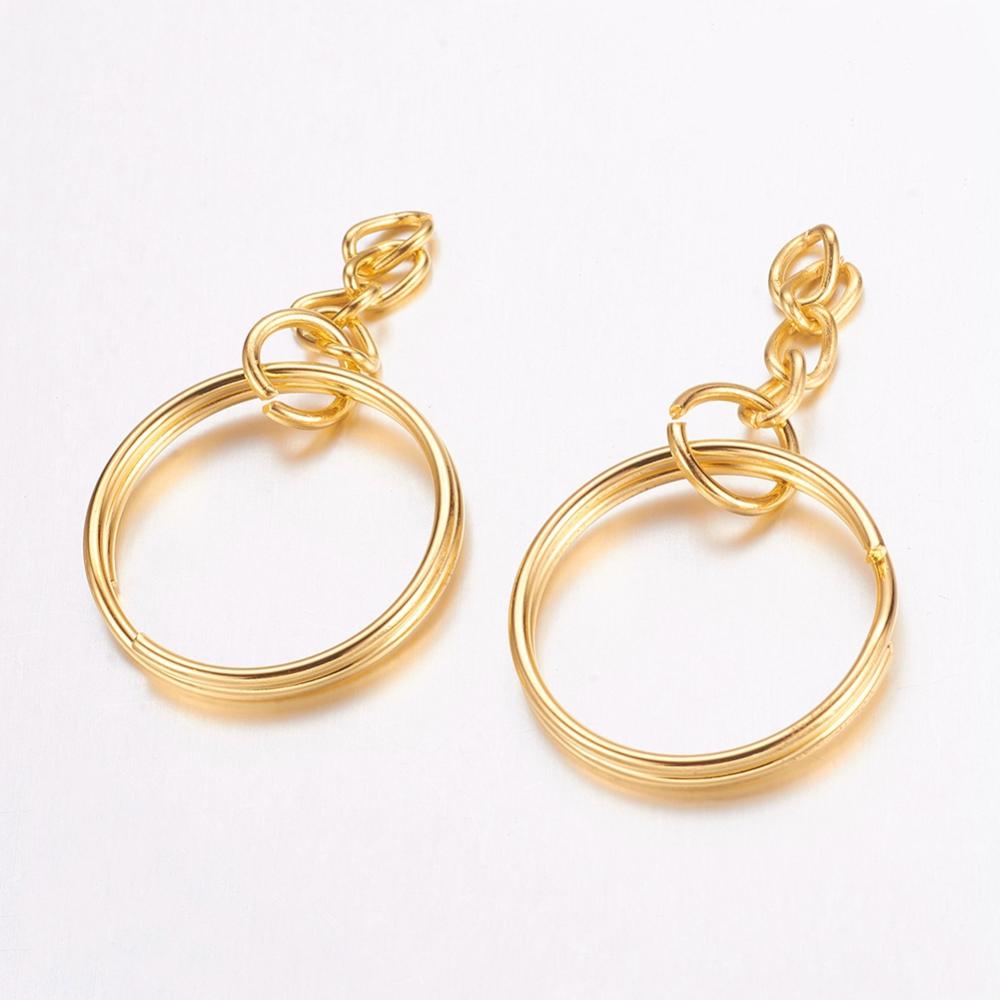 Anneau double porte clé en fer, doré, rond, avec chainette, diam 25mm, épaisseur 2mm, l'unité