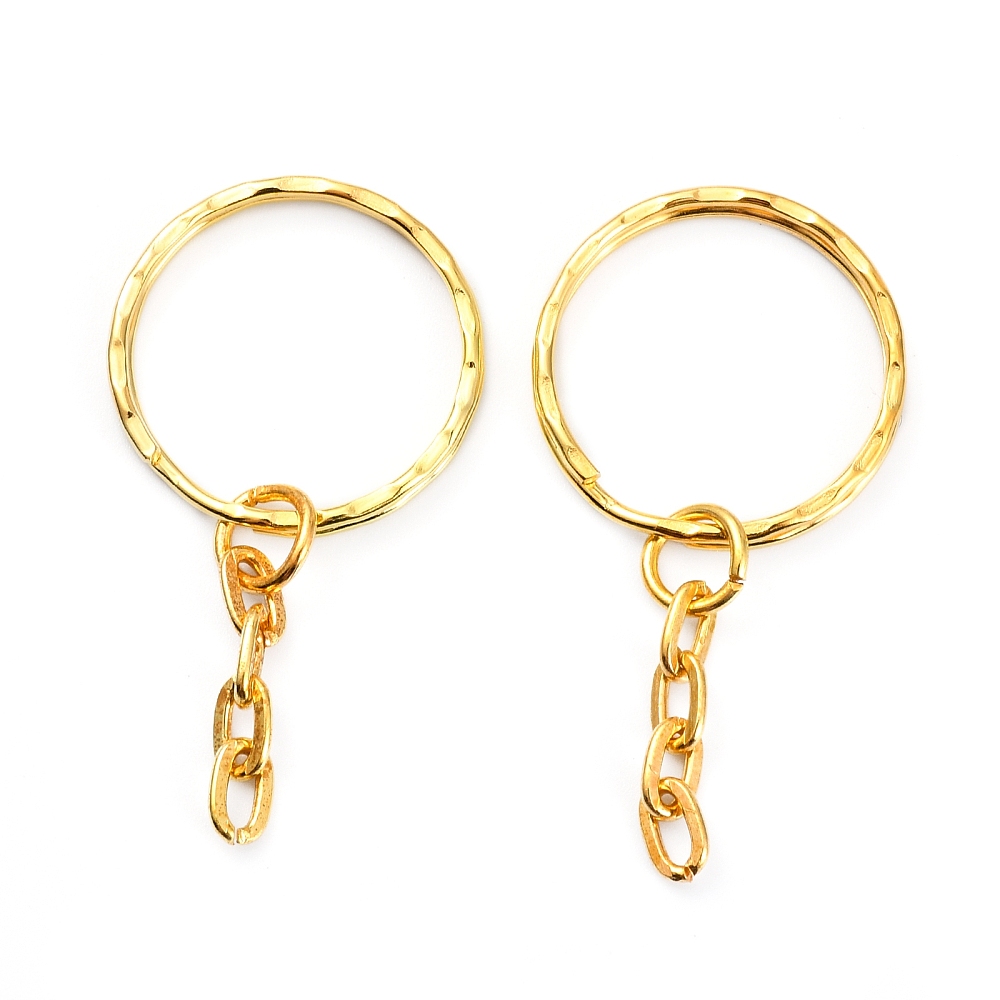 Anneau double porte clé en fer, doré, rond martelé, avec chainette, diam 25mm, épaisseur 2,5mm, l'unité