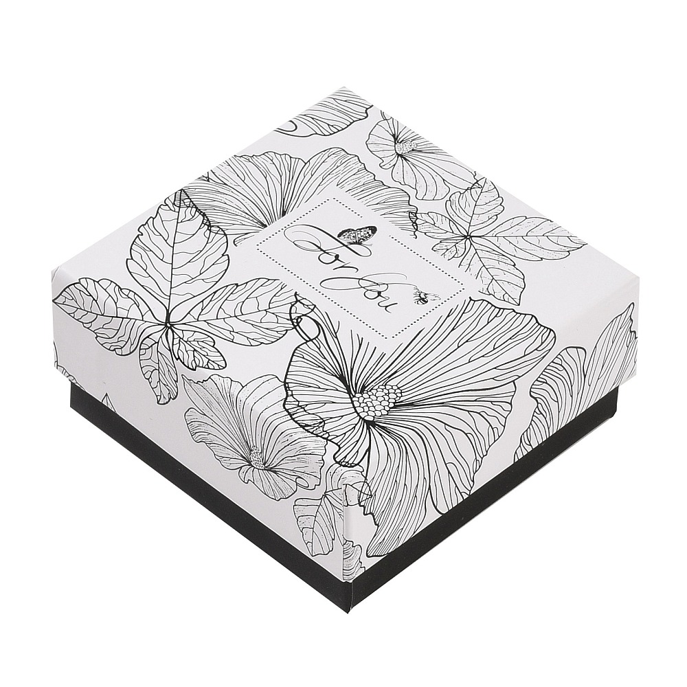 Boîte de rangement pour bijou noire, en carton, avec mousse noire, 7,6x7,5x3,6 cm, couvercle motif fleur noir et blanc inscription "for you", unité
