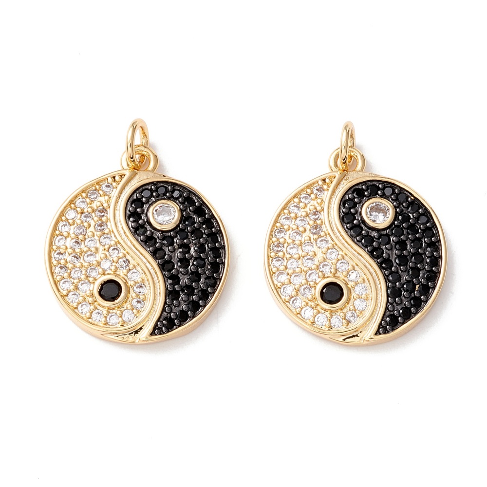 [KK-B050-01G] Pendentif en aliton, doré, véritable plaqué or 18k, avec zircons, Yin&Yang, 20,5x18x2,5mm, trou 3,6mm, l'unité
