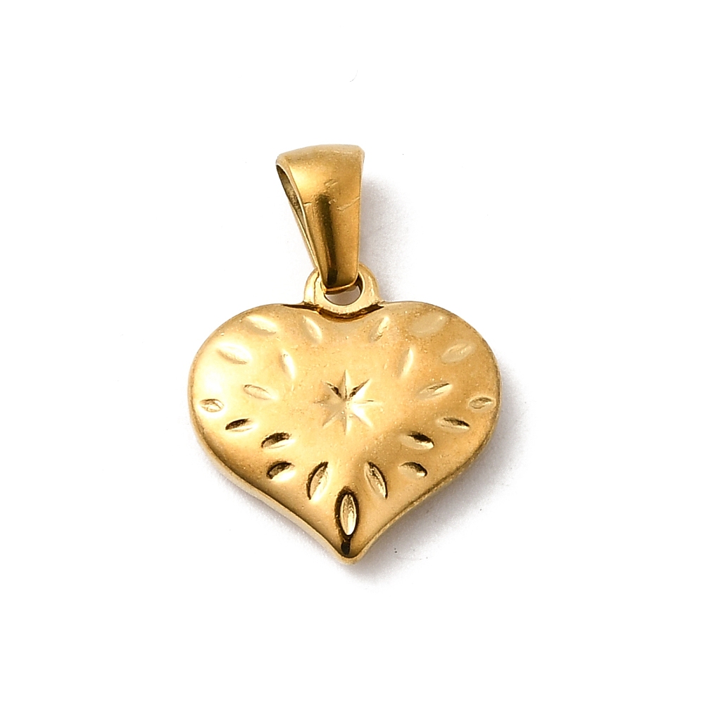 Pendentif INOX doré, placage ionique, plaqué or 18k, coeur plein avec gravures, 15,5x15x3mm, bélière 5x3mm, l'unité